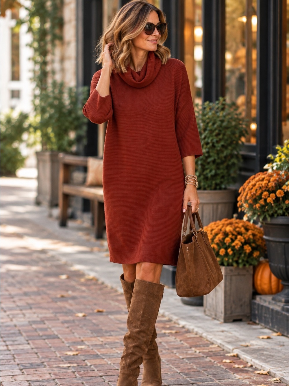 Loft Rust Cowl neck Ribbed Sweater Dress